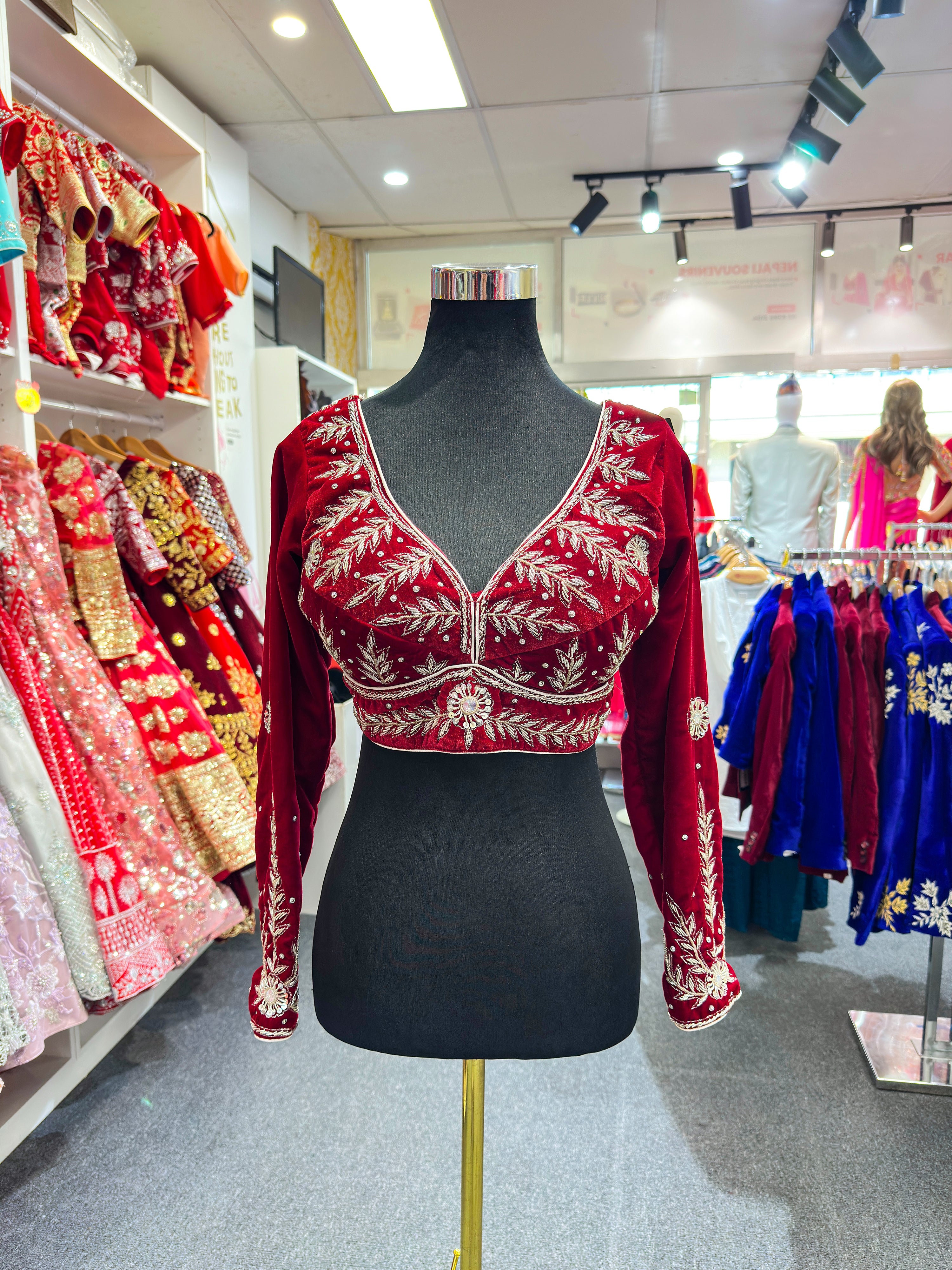 Velvet Full Handwork Blouse-Maroon 40-42